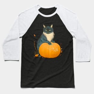 Japanese Cat on a Halloween Pumpkin During the Halloween Season on a dark (knocked out) background Baseball T-Shirt